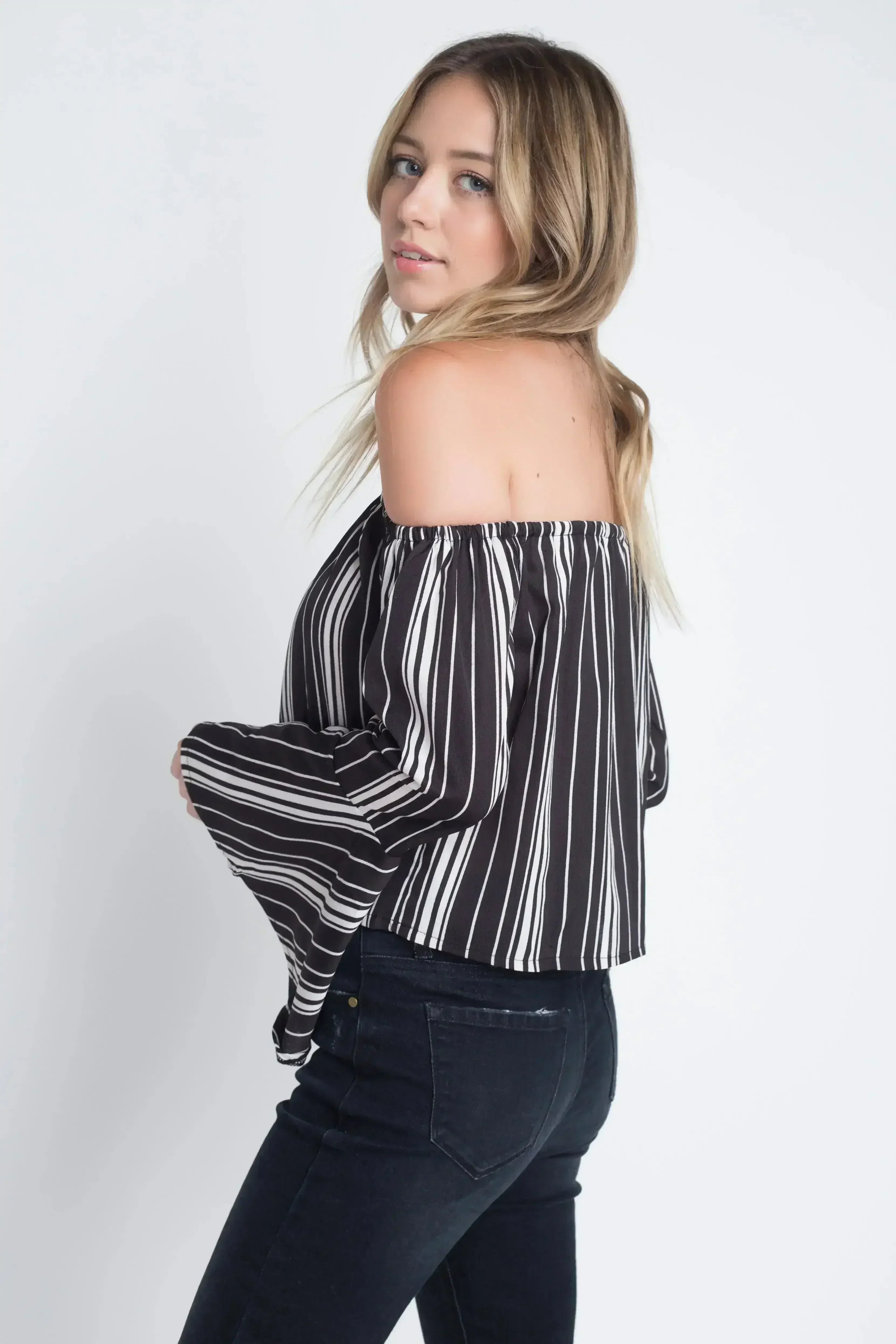 Women's Off Shoulder Casual Stripe Bell Sleeve Top - Femstylo