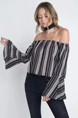Women's Off Shoulder Casual Stripe Bell Sleeve Top - Femstylo