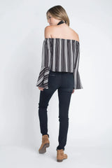 Women's Off Shoulder Casual Stripe Bell Sleeve Top - Femstylo