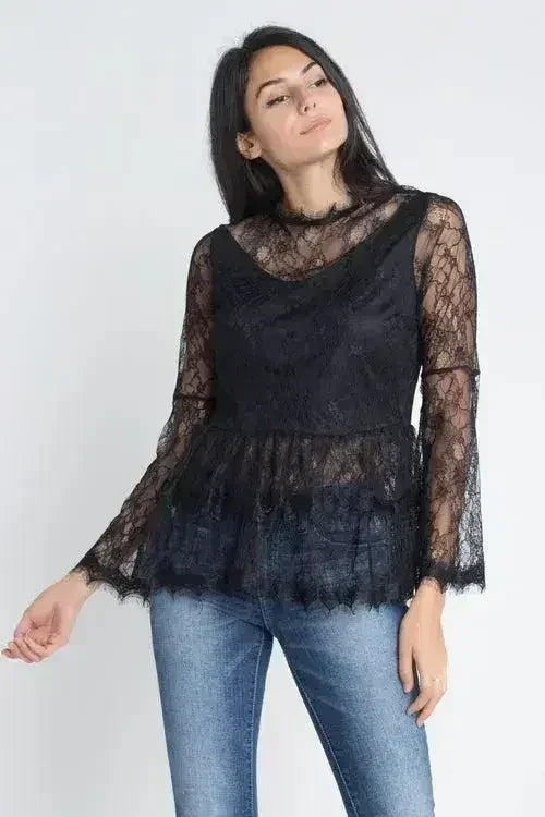 Women's Semi Lace Zipper Back Flare Sleeve Blouse | Femstylo - Femstylo