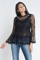 Women's Semi Lace Zipper Back Flare Sleeve Blouse | Femstylo - Femstylo