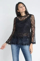 Women's Semi Lace Zipper Back Flare Sleeve Blouse | Femstylo - Femstylo