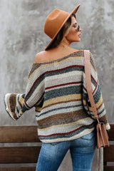 Multi-color Dropped Shoulder Striped Relaxed Sweater - Femstylo