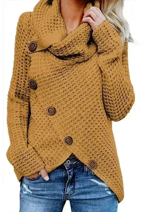 Mustard Buttoned Wrap Turtleneck Sweater - Femstylo