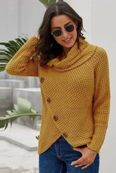 Mustard Buttoned Wrap Turtleneck Sweater - Femstylo