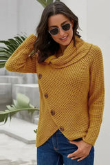 Mustard Buttoned Wrap Turtleneck Sweater - Femstylo