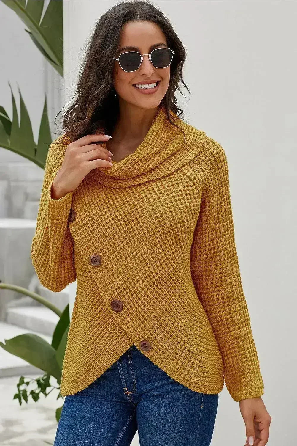 Mustard Buttoned Wrap Turtleneck Sweater - Femstylo