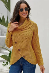 Mustard Buttoned Wrap Turtleneck Sweater - Femstylo