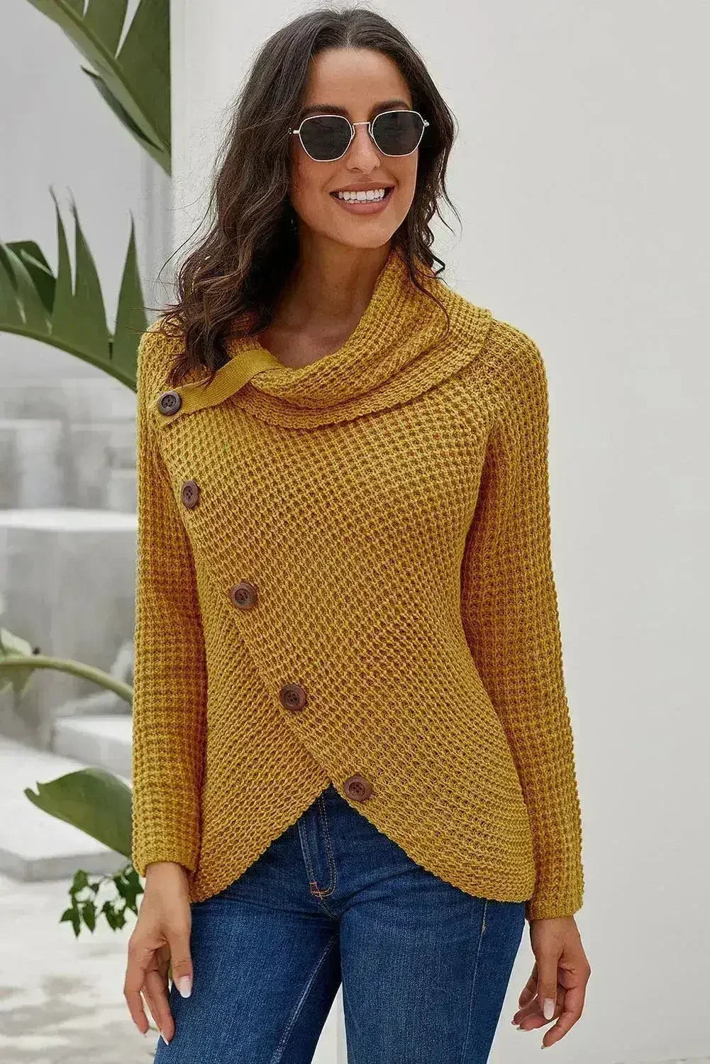 Mustard Buttoned Wrap Turtleneck Sweater - Femstylo