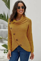 Mustard Buttoned Wrap Turtleneck Sweater - Femstylo
