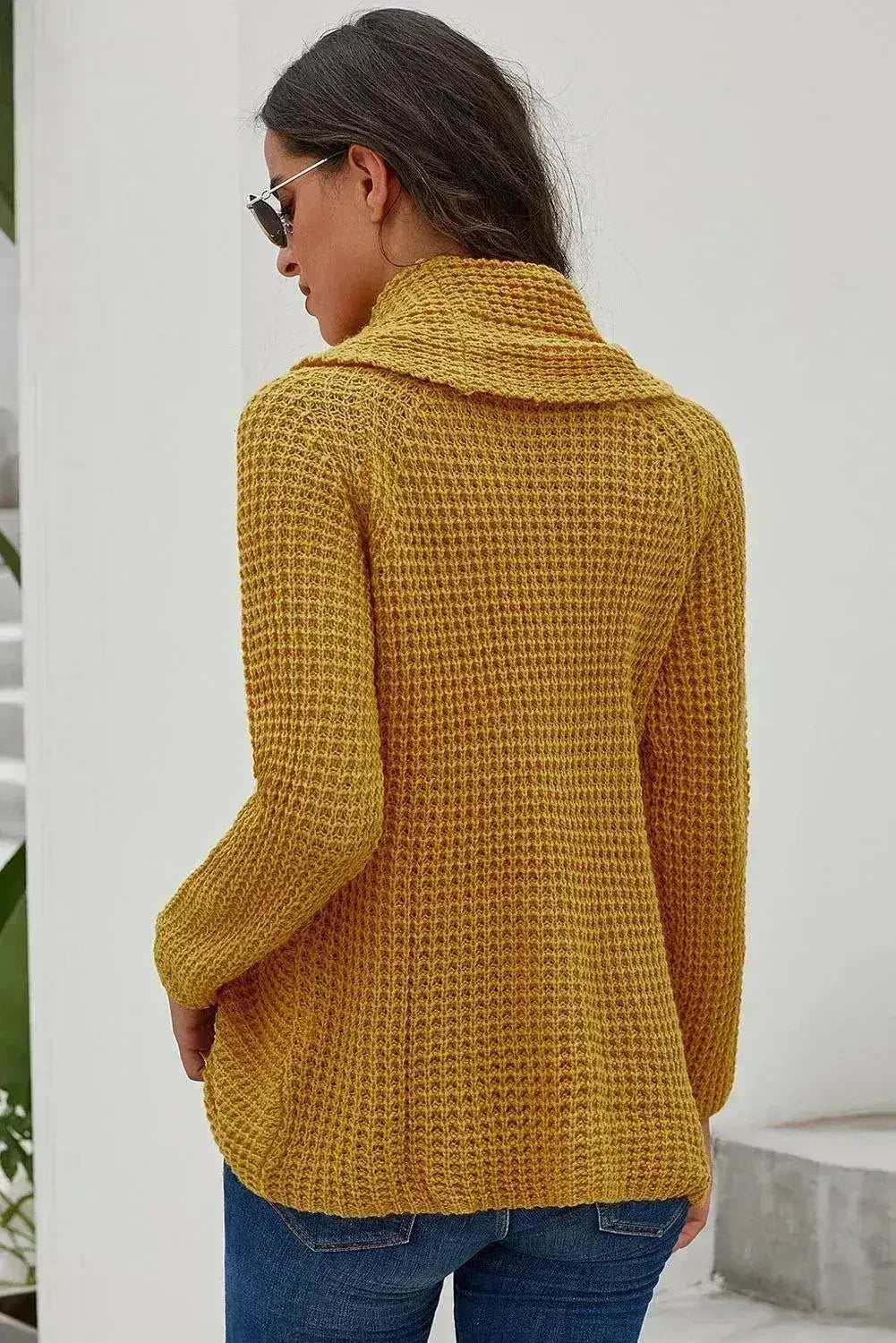 Mustard Buttoned Wrap Turtleneck Sweater - Femstylo