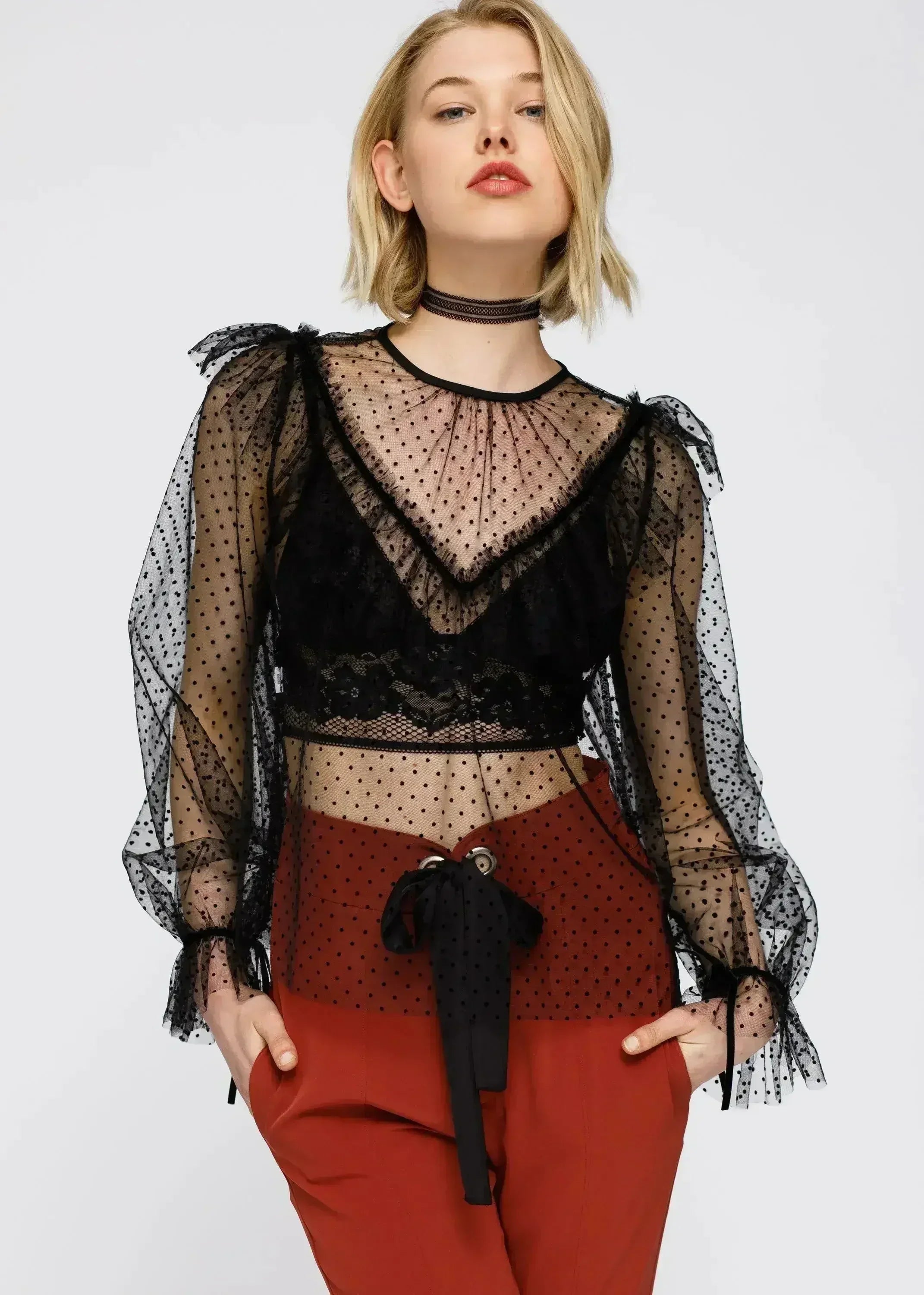 Women's Polka Dot Mesh Ruffle Top In Black - Femstylo