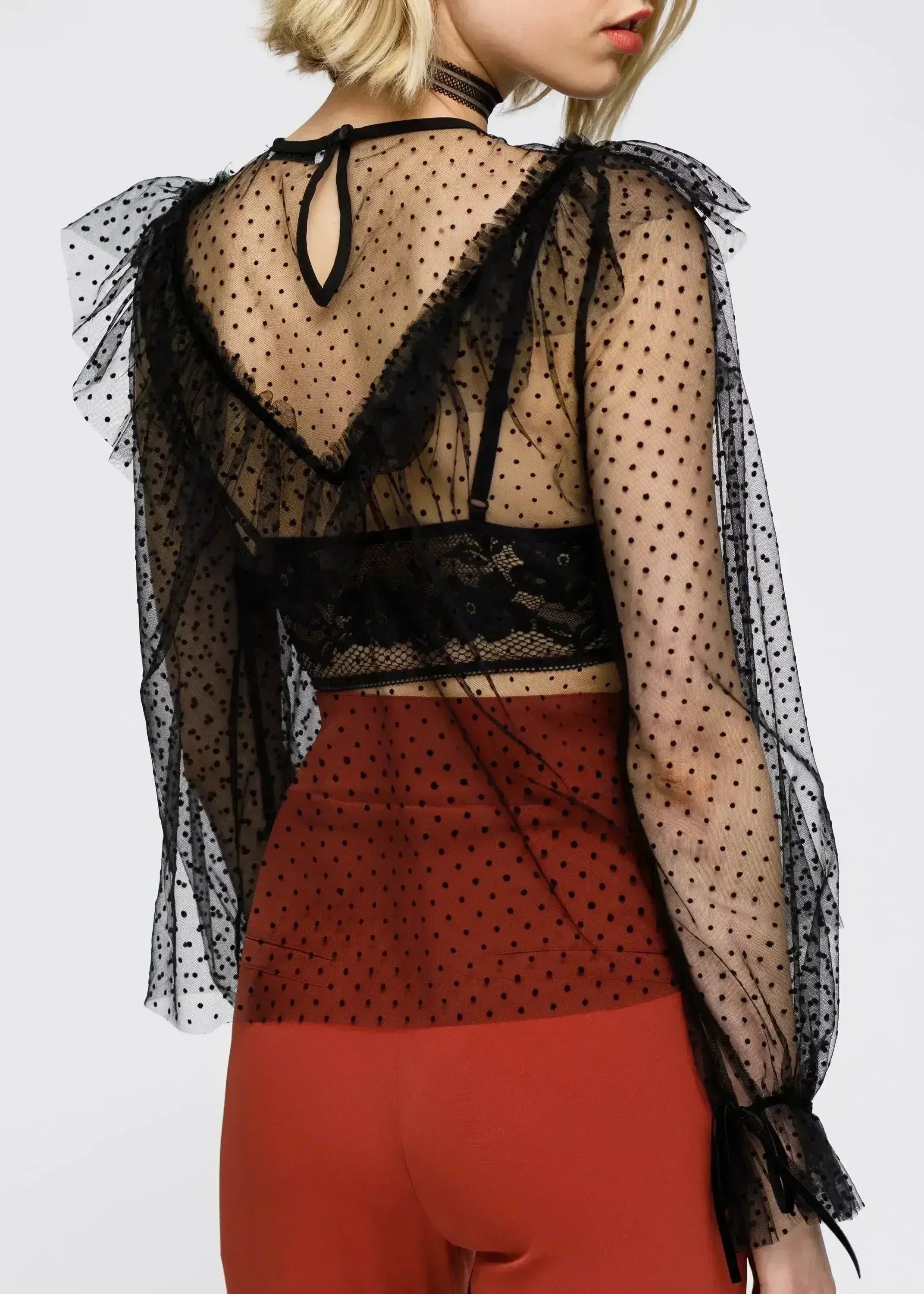 Women's Polka Dot Mesh Ruffle Top In Black - Femstylo