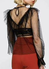 Women's Polka Dot Mesh Ruffle Top In Black - Femstylo