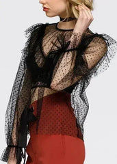 Women's Polka Dot Mesh Ruffle Top In Black - Femstylo