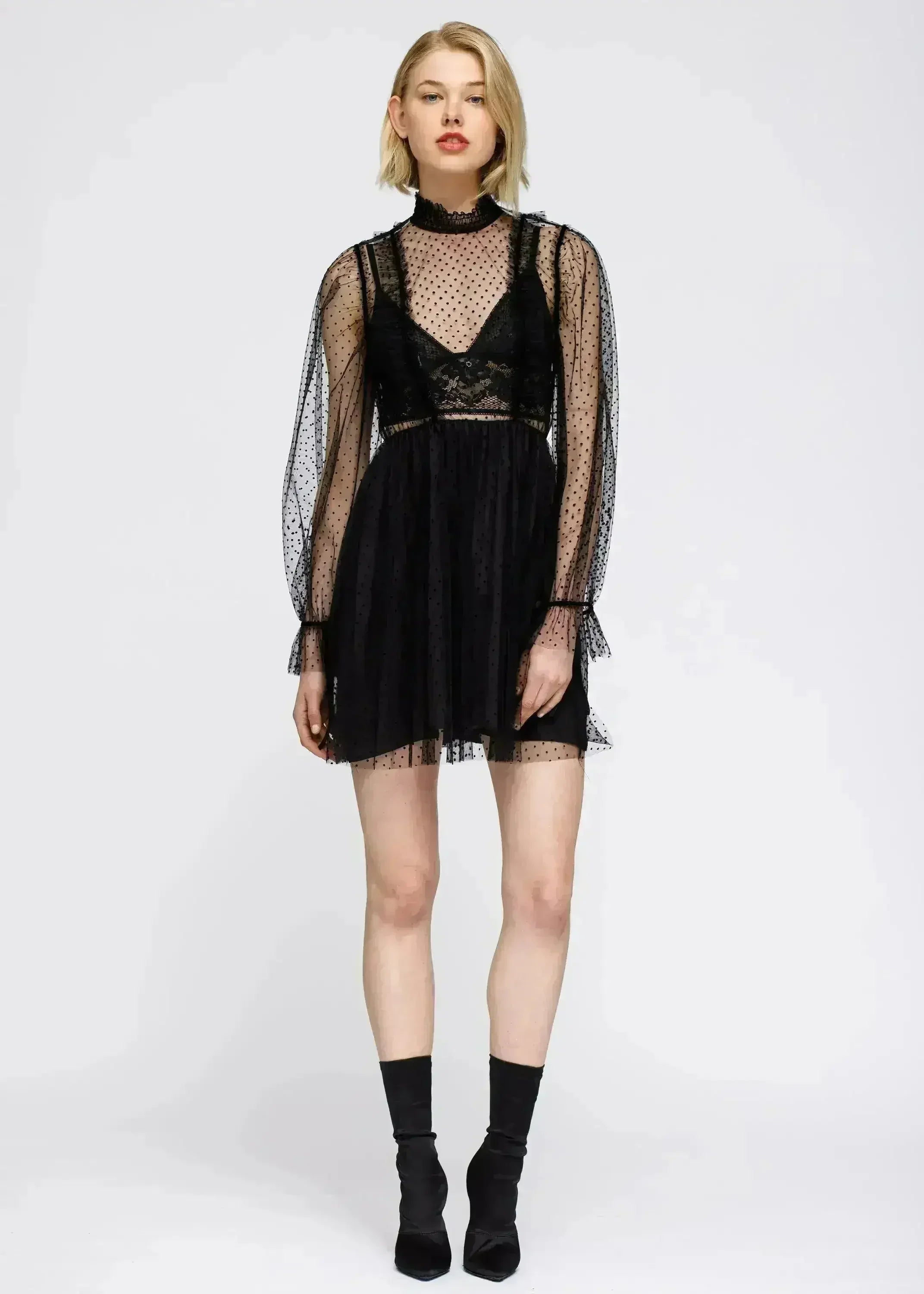 Women's Polka Dot Mesh Smocked Neck Flare Dress In Black - Femstylo