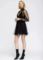 Women's Polka Dot Mesh Smocked Neck Flare Dress In Black - Femstylo