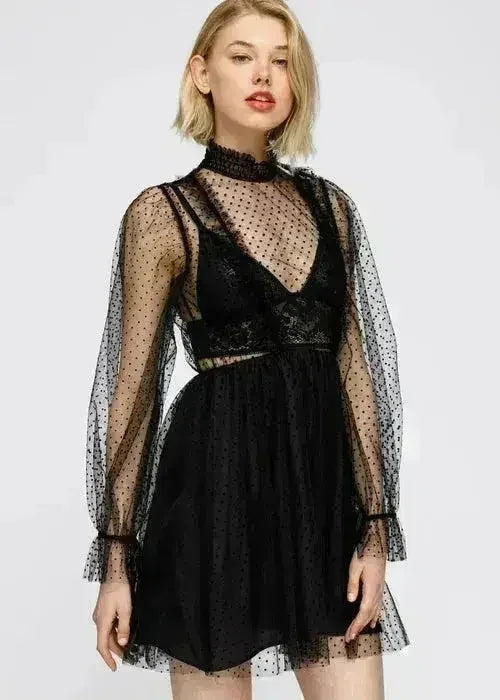 Women's Polka Dot Mesh Smocked Neck Flare Dress In Black - Femstylo