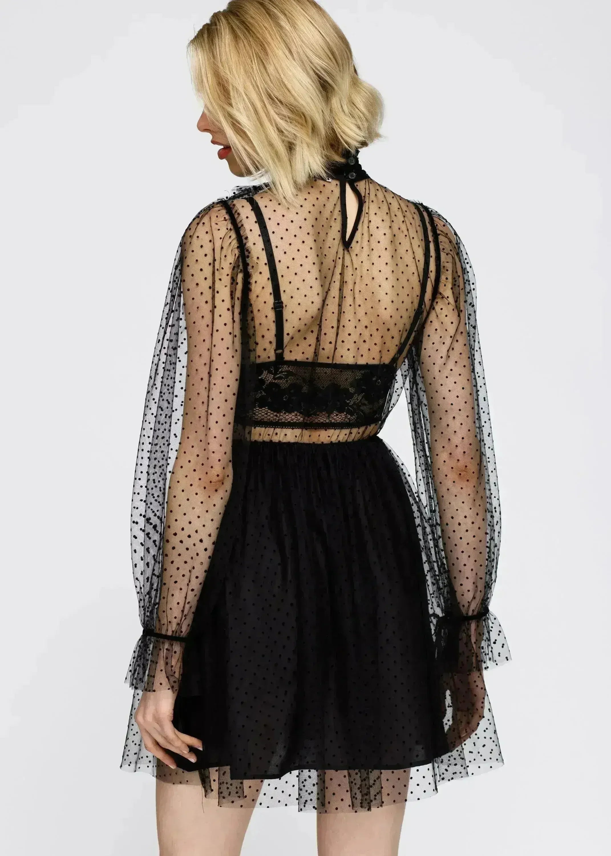 Women's Polka Dot Mesh Smocked Neck Flare Dress In Black - Femstylo