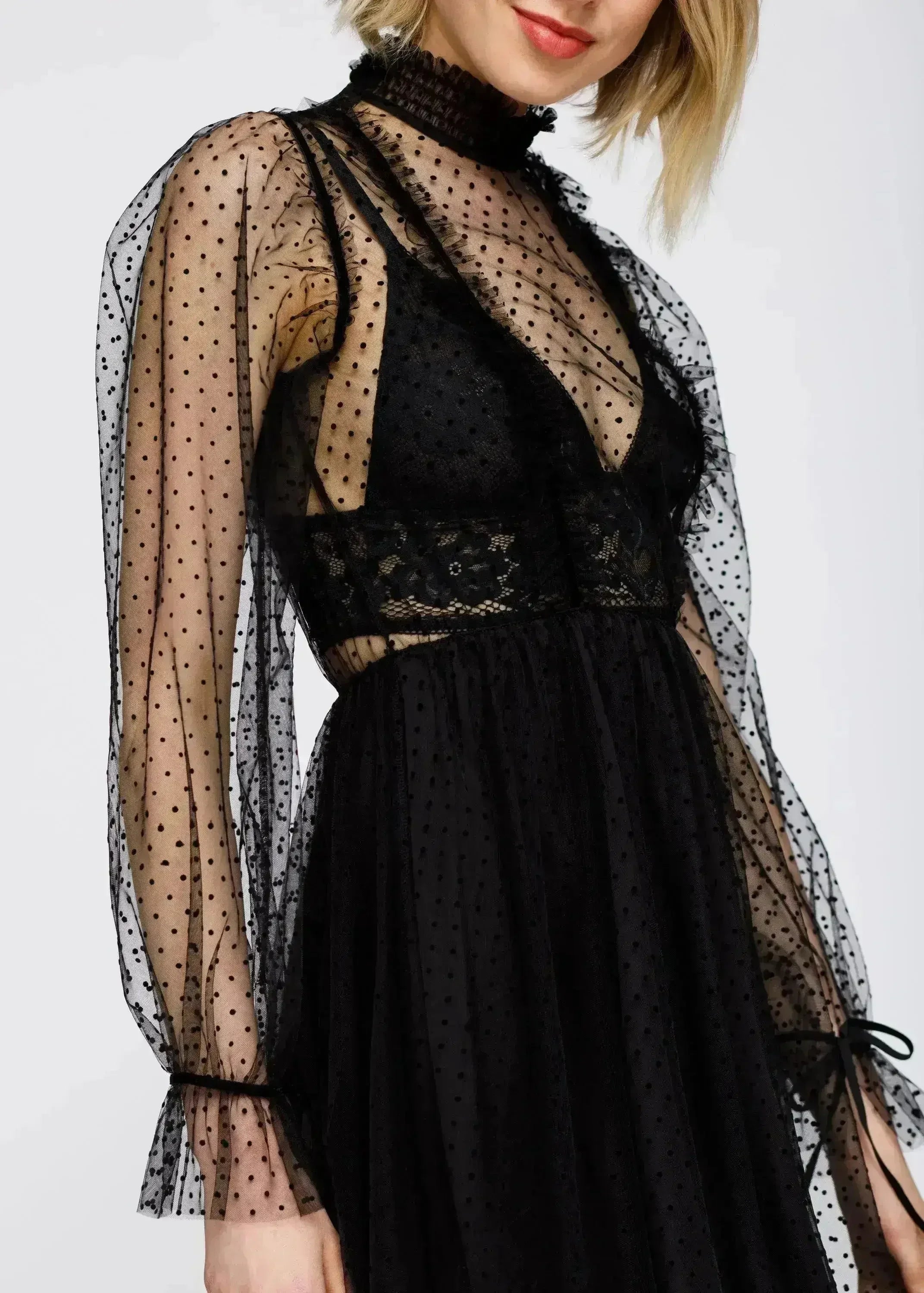 Women's Polka Dot Mesh Smocked Neck Flare Dress In Black - Femstylo