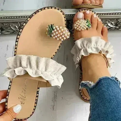 2021 Summer Beach Pineapple Flat Slippers Outside Slides Ladies Shoes - Femstylo
