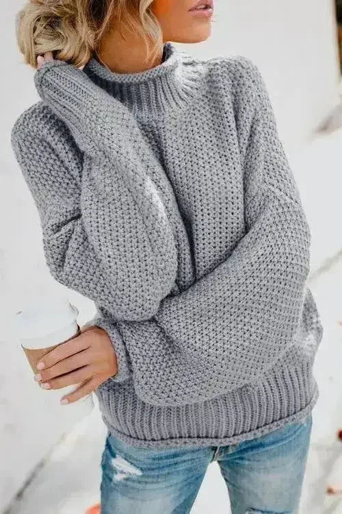 New Gray Chunky Batwing Long Sleeve Turtleneck Sweater - Femstylo