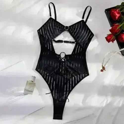 Women Striped Backless See through Mesh Body Shaping Sexy Jumpsuit - Femstylo