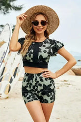 Botanical Print Flutter Sleeve Two-Piece Swim Set - Femstylo