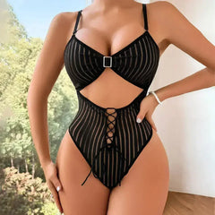 Women Striped Backless See through Mesh Body Shaping Sexy Jumpsuit - Femstylo