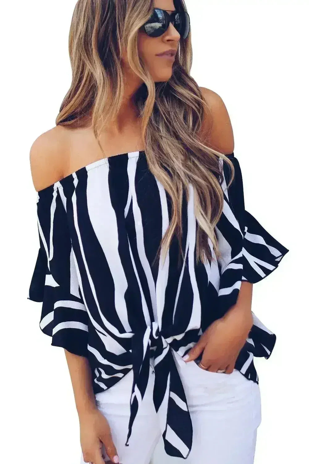 Off The Shoulder Vertical Black White Stripes Blouse - Femstylo