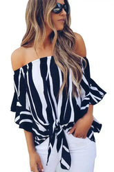 Off The Shoulder Vertical Black White Stripes Blouse - Femstylo