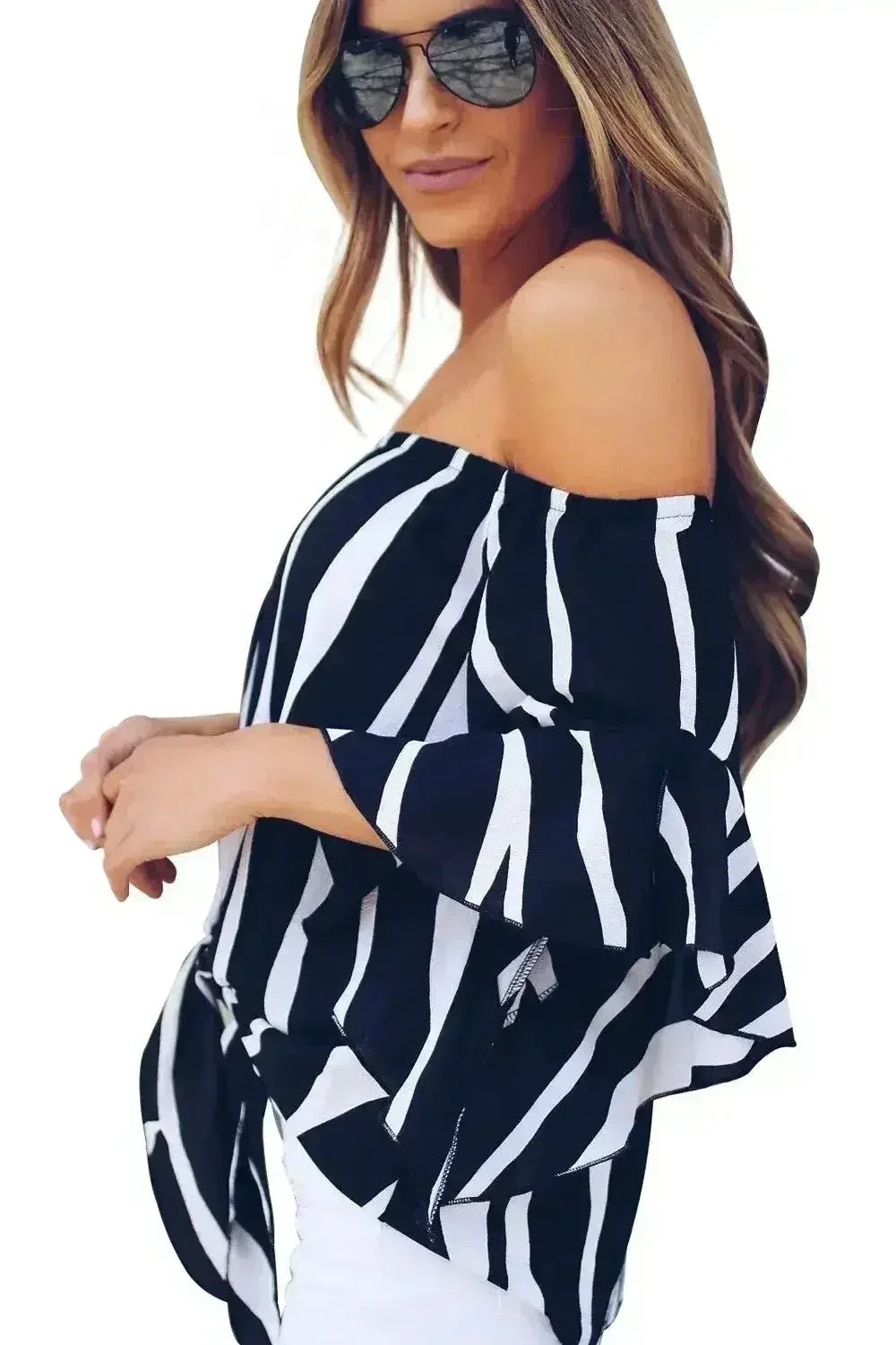 Off The Shoulder Vertical Black White Stripes Blouse - Femstylo
