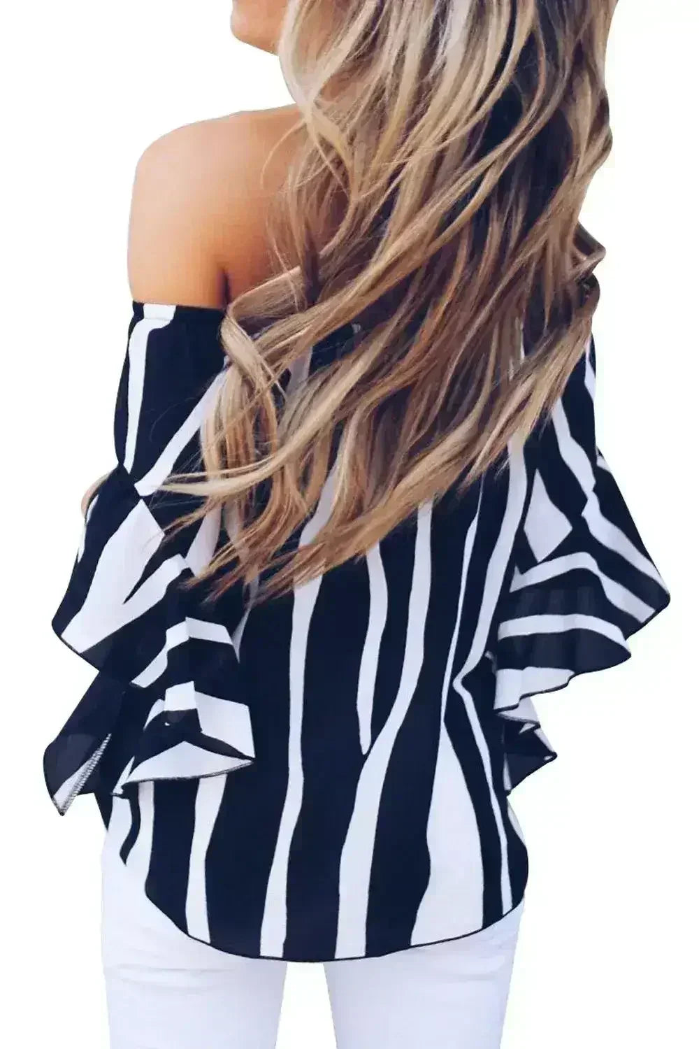 Off The Shoulder Vertical Black White Stripes Blouse - Femstylo