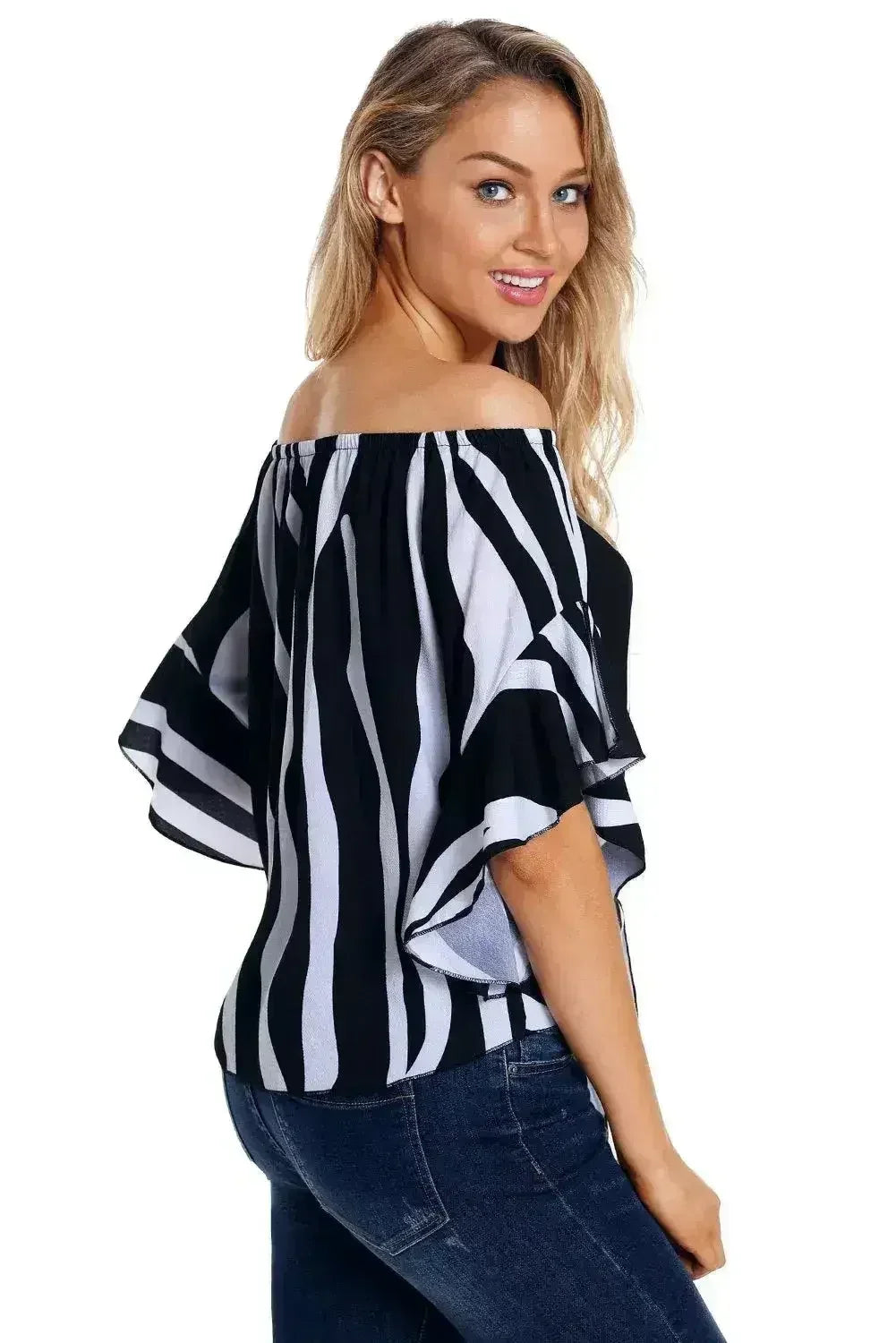 Off The Shoulder Vertical Black White Stripes Blouse - Femstylo