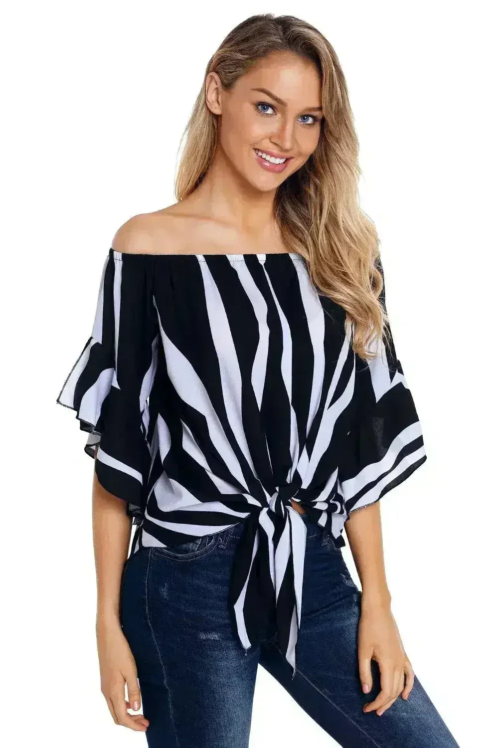 Off The Shoulder Vertical Black White Stripes Blouse - Femstylo