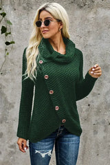 Olive Green Buttoned Wrap Turtleneck Sweater - Femstylo