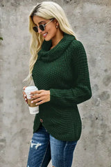 Olive Green Buttoned Wrap Turtleneck Sweater - Femstylo
