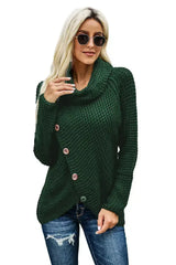 Olive Green Buttoned Wrap Turtleneck Sweater - Femstylo