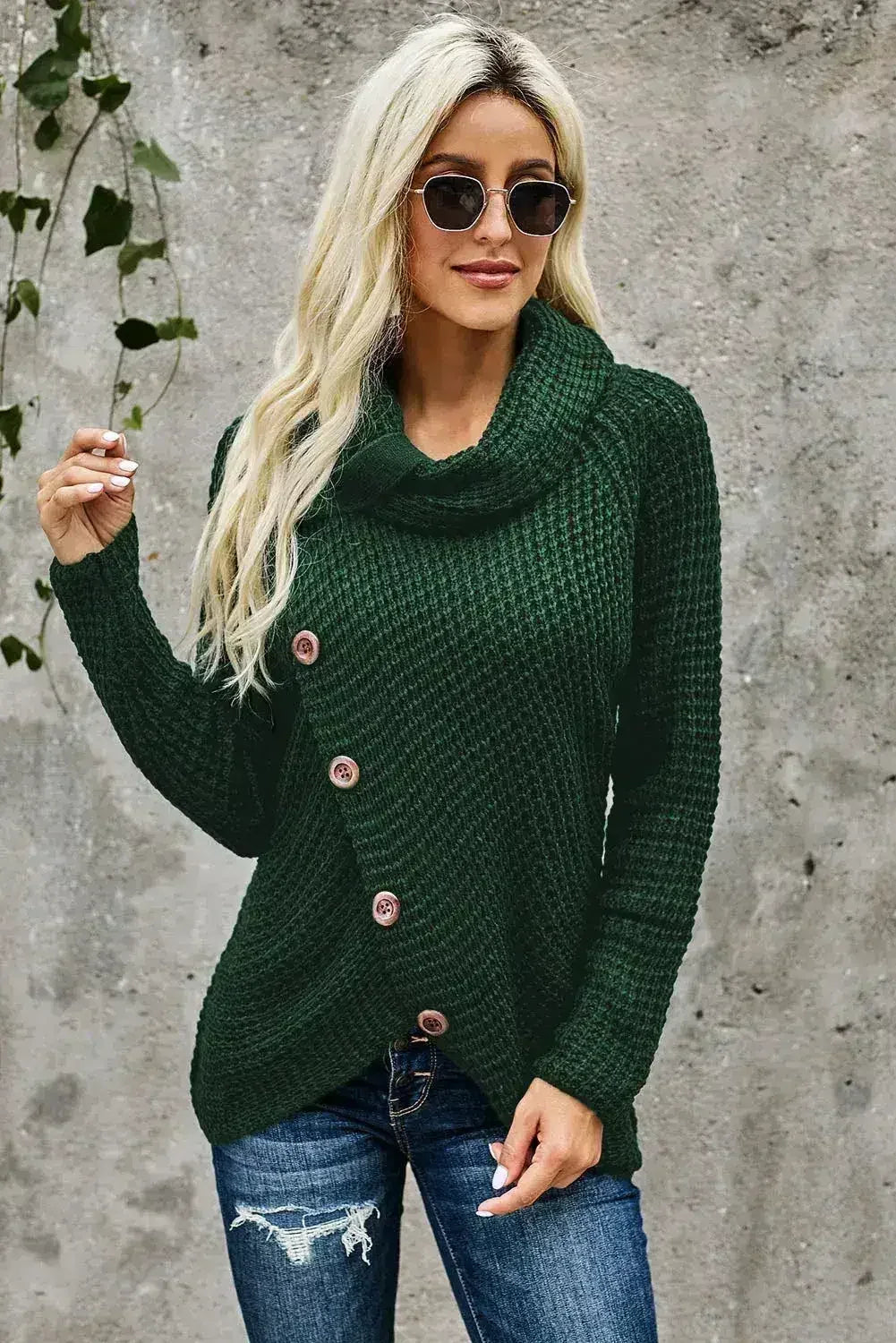 Olive Green Buttoned Wrap Turtleneck Sweater - Femstylo