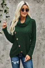 Olive Green Buttoned Wrap Turtleneck Sweater - Femstylo
