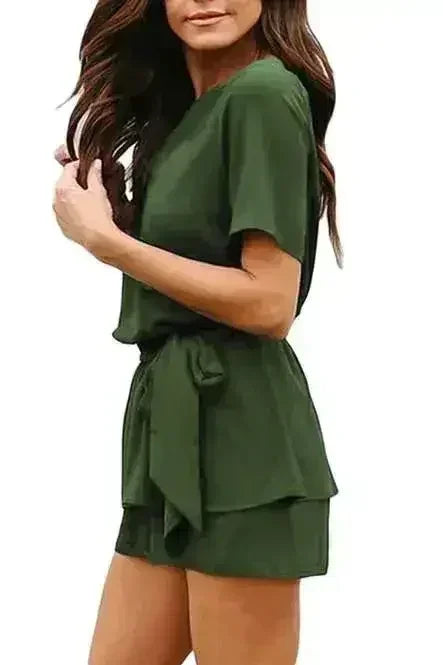 Olive Half Sleeves Peplum Waist Summer Romper - Femstylo