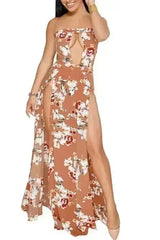 Orange Floral Cutout Slit Legs Strapless Jumpsuit - Femstylo