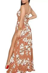 Orange Floral Cutout Slit Legs Strapless Jumpsuit - Femstylo