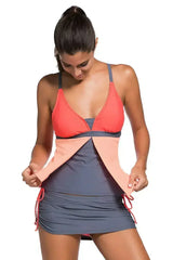Orange Pink Colorblock 2 Pieces Tankini Skort Bottom Swimsuit - Femstylo