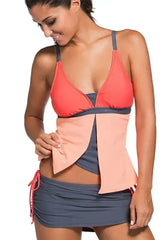 Orange Pink Colorblock 2 Pieces Tankini Skort Bottom Swimsuit - Femstylo
