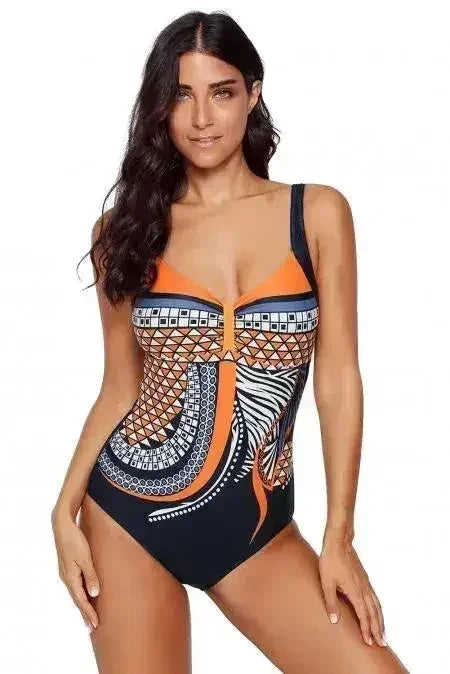 Orange Tribal Print One Piece Swimsuit - Femstylo