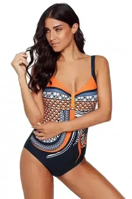 Orange Tribal Print One Piece Swimsuit - Femstylo