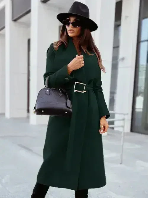 Women's long-sleeved buttoned V-neck strappy woolen coat - Femstylo