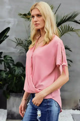 Elegant Pink Charismatic Drape Short Sleeve Blouse - Femstylo