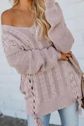 Pink Love Letters Lace Up Cable Knit Sweater - Femstylo
